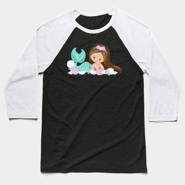 Little Mermaid, Cute Mermaid, Shells, Brown Hair Baseball T-Shirt by Jelena Dunčević